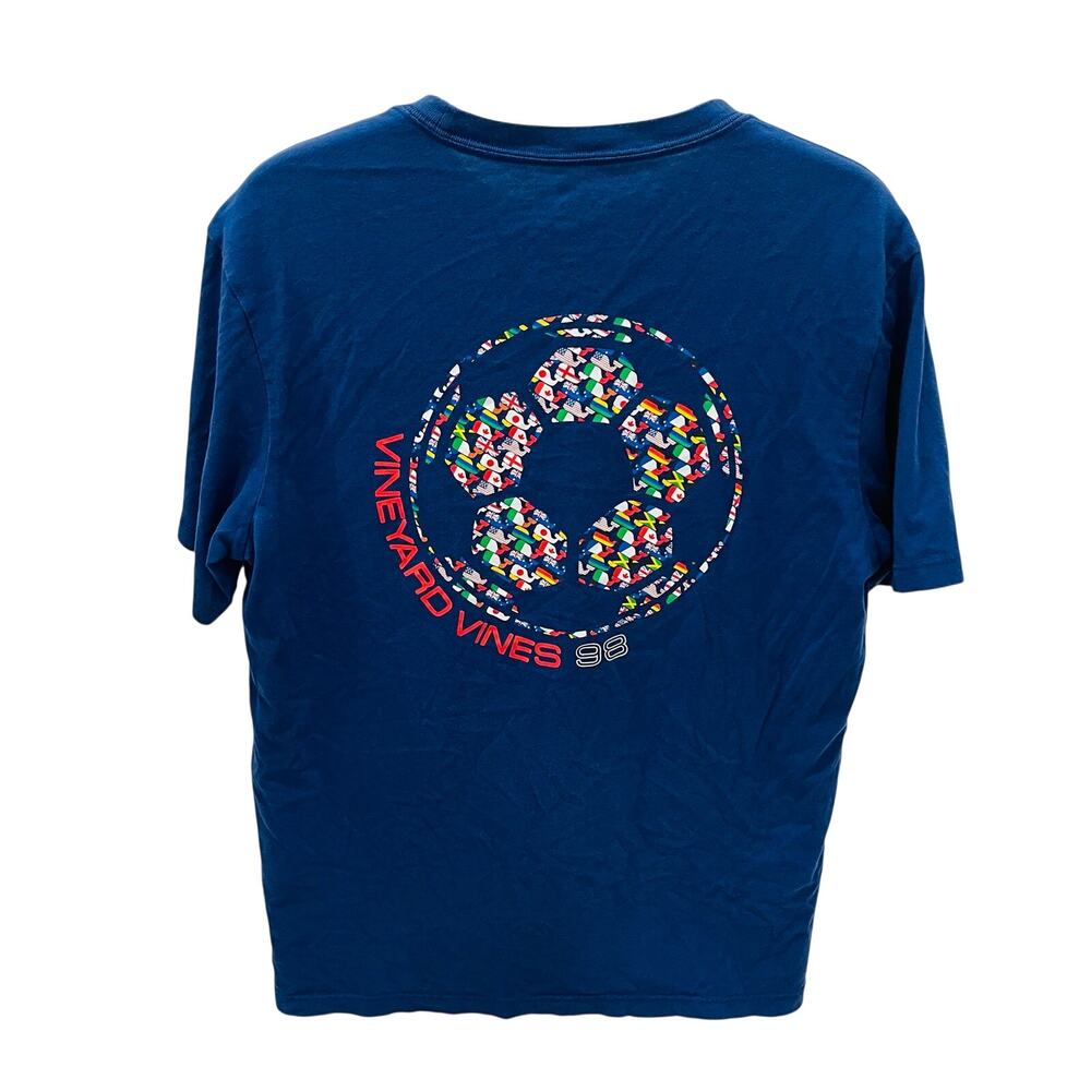 Vineyard Vines Shirt Mens Small Blue Soccer Ball World Flags Graphic Pocket Tee